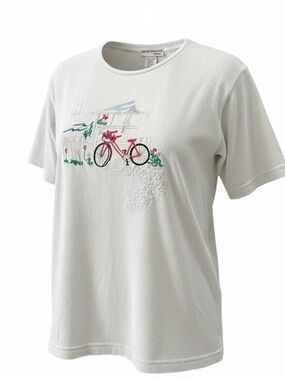 Vintage Lauren Hansen Embroidered Bicycle Graphic Tee Ivory EUC Rare SZ Medium
